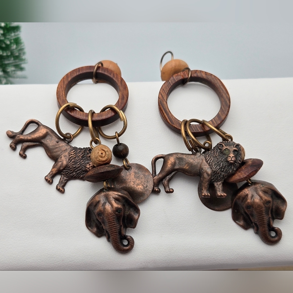 ✨2/$10✨ Lion & Elephant Earrings w/ Oxidized Copper Finish Boho Wood Dangle